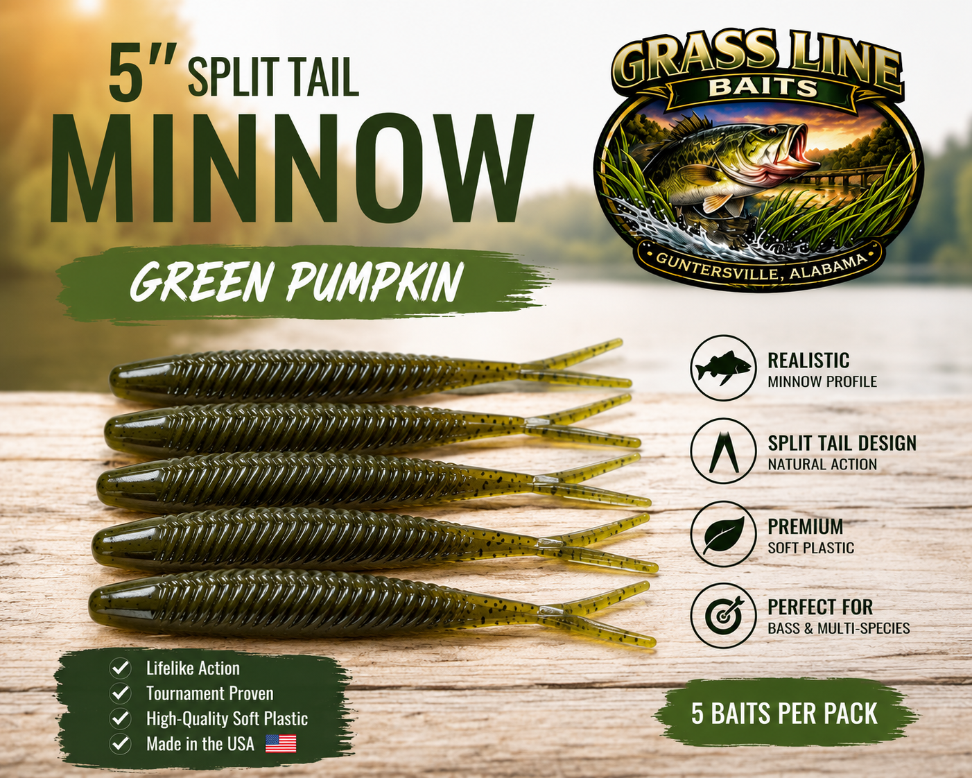 5" Split Tail Minnow Green Pumpkin 5 pkg