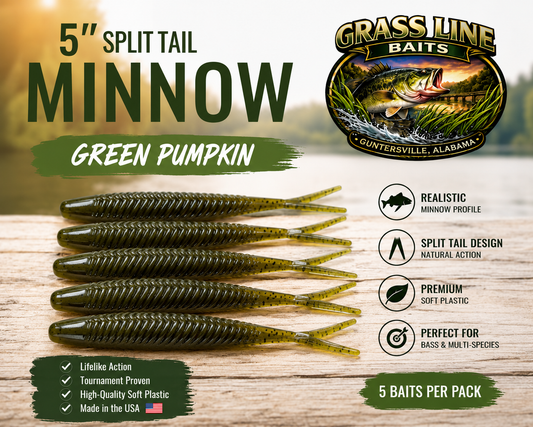 Grass Line Baits 5" Split Tail Minnow Green Pumpkin 5 pack