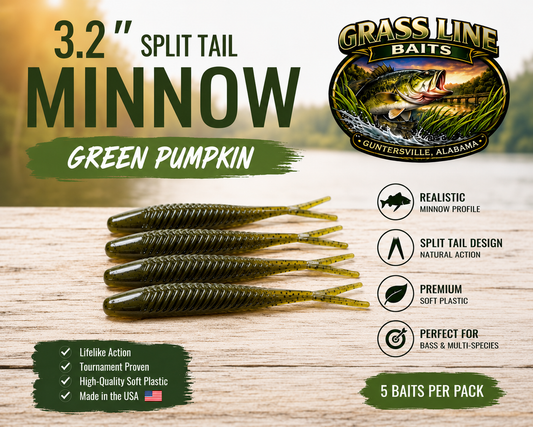 Grass Line Baits 3.2" Split Tail Minnow Green Pumpkin 5 Pack