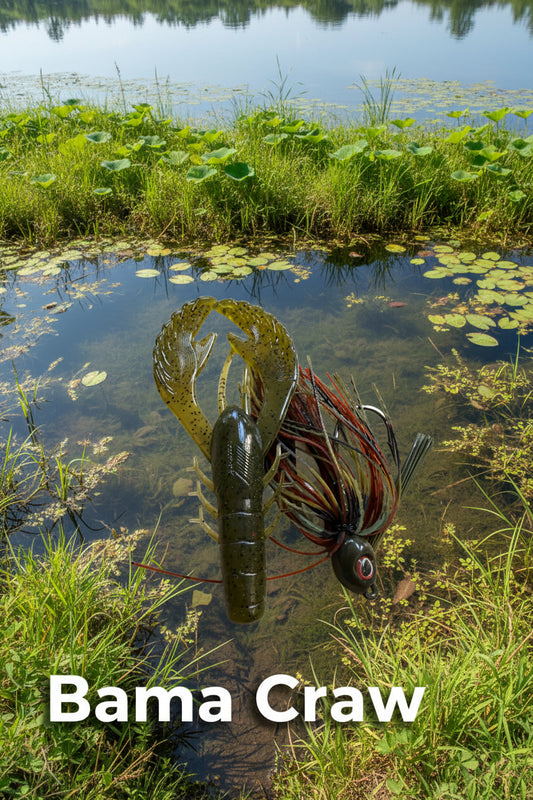 Soft plastic fishing lure set on a light wood surface, featuring a green and black crawfish-shaped lure paired with a multi-colored skirted jig head.