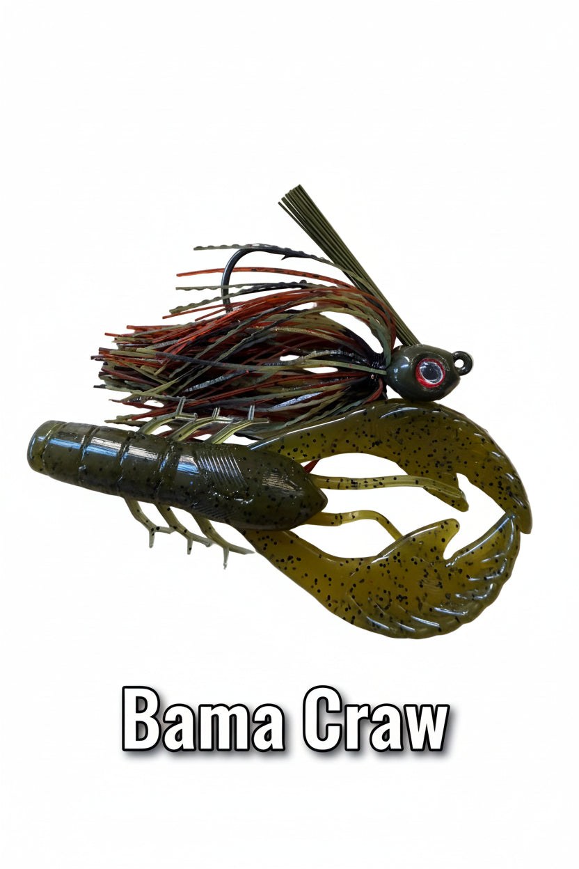A Custom hand tied jig Green Pumpkin crawfish body, a translucent Green Pumpkin Bama Craw skirt with black speckles, and a dark skirted head with red and brown strands.