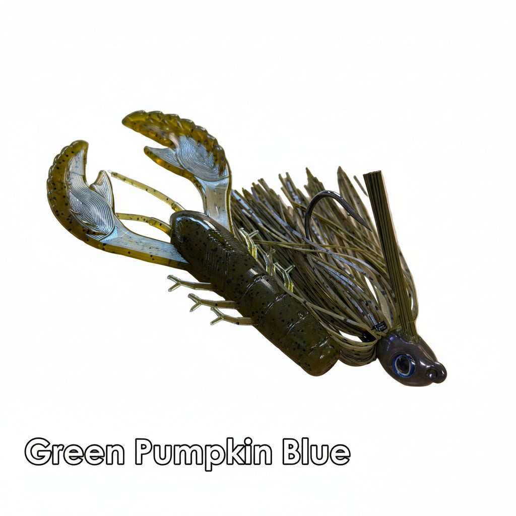Grass Hammer Jigwith a dark olive-green segmented body, clear wings, and a skirt with Blue and Green Pumpkin strands.