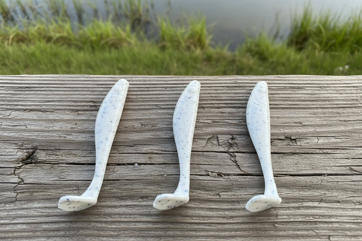 4" Swim Bait White with Silver and Pearl Flake Hand Poured Soft Plastic Made In USA